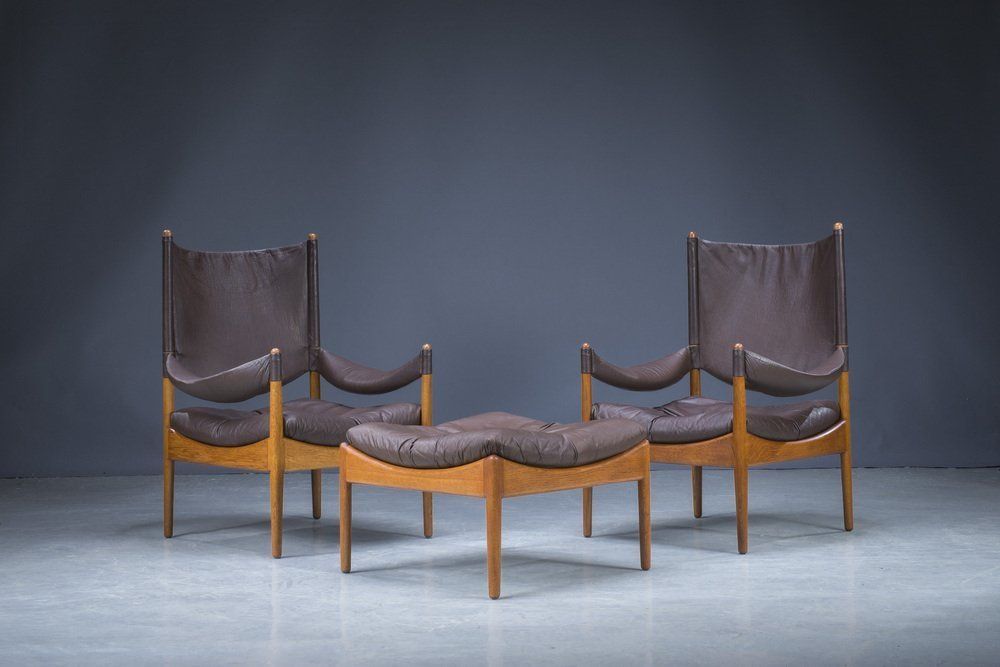 Mid Century Danish Oak & Leather Lounge Chairs & Footstools By Kristian Vedel For Søren Wiladsen, 1960s, Set Of 3 photo furniture