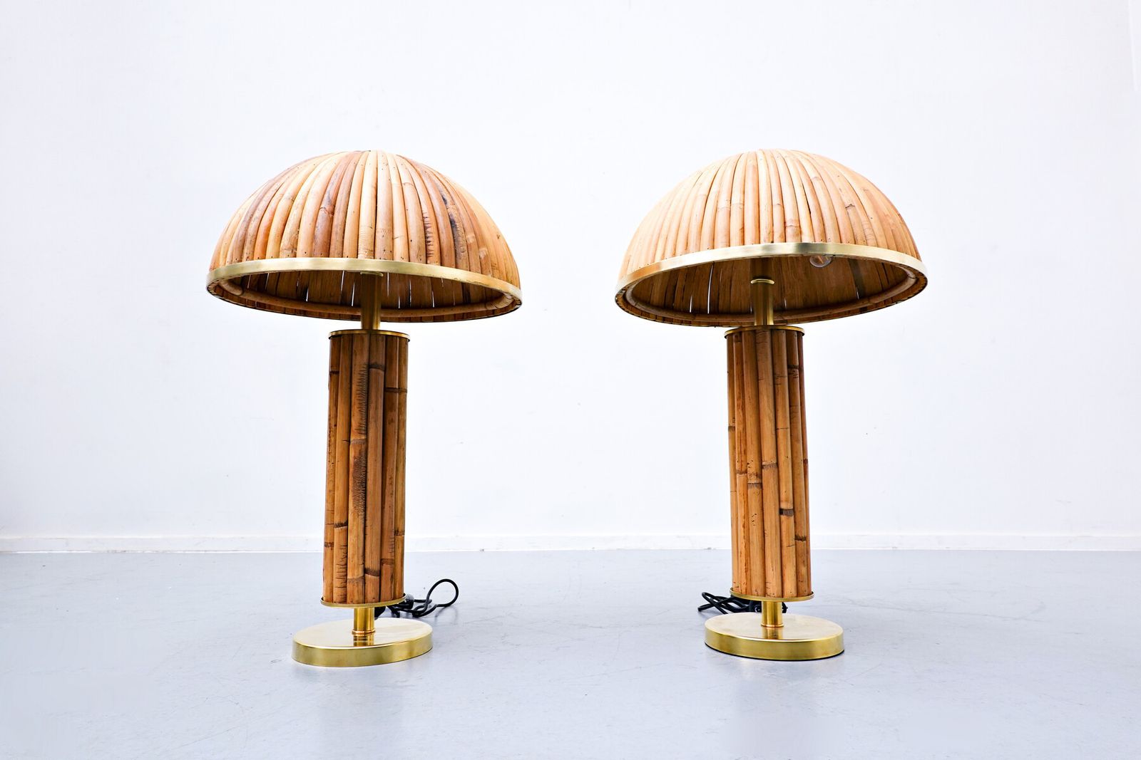 Pair Of Contemporary Italian Brass And Bamboo Table Lamps
