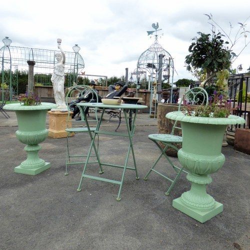 Pair Of Reclaimed Cast Iron Urns Mint Green Rwi4349