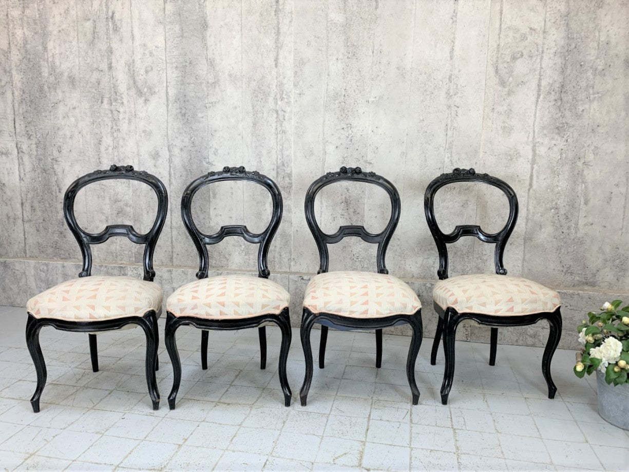 Set Of 4 Of Ebonised Napoleon III Hand Carved Balloon Chairs To Reupholster photo furniture