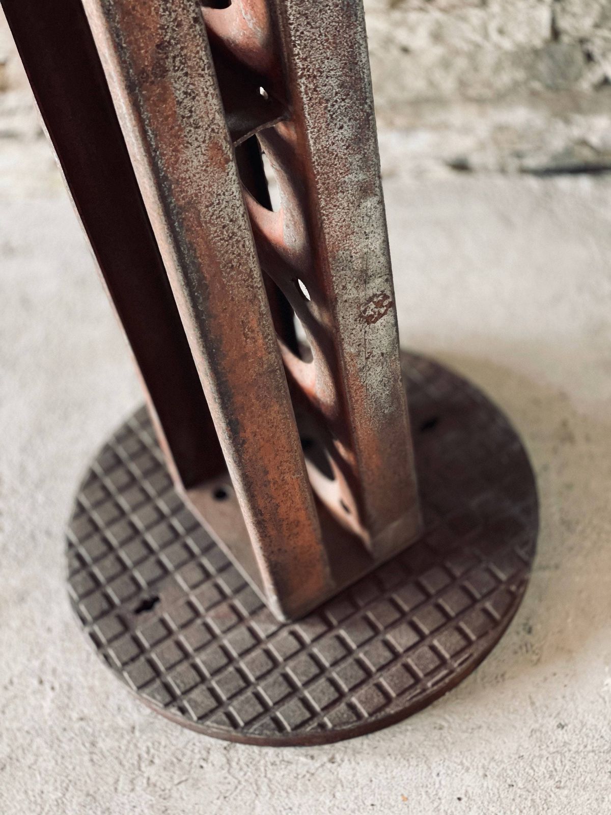 Dino Reclaimed Manhole Bar Table With A Heavy Steel Pedestal Base photo vintage