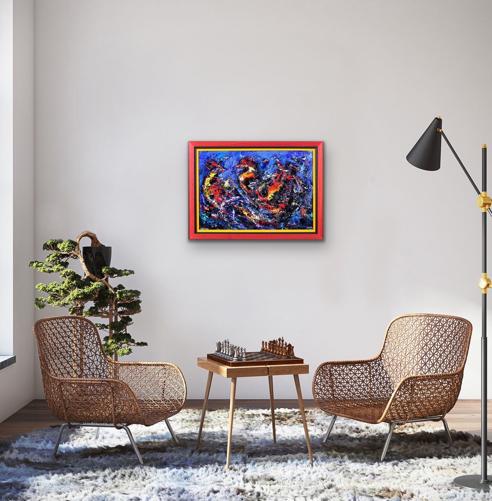 1985.0 David Wilde 1913 To 1974. English. Cock Fight. Acrylics. Framed. Two Fighting Birds. A Riot Of Aggression, Masculinity & Feathers. Mid Century Modern photo