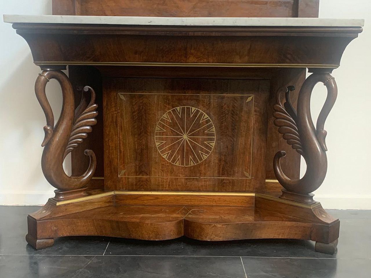 Console With Mirror In Walnut With Brass Inlays And Details, 18th Century photo buy