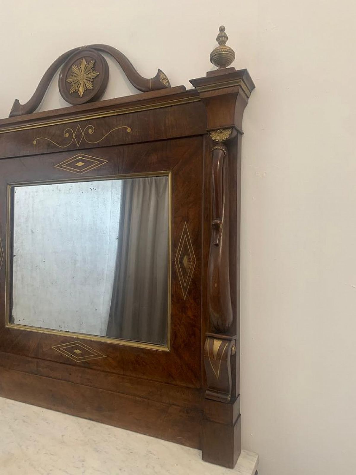 photo for sale Console With Mirror In Walnut With Brass Inlays And Details, 18th Century
