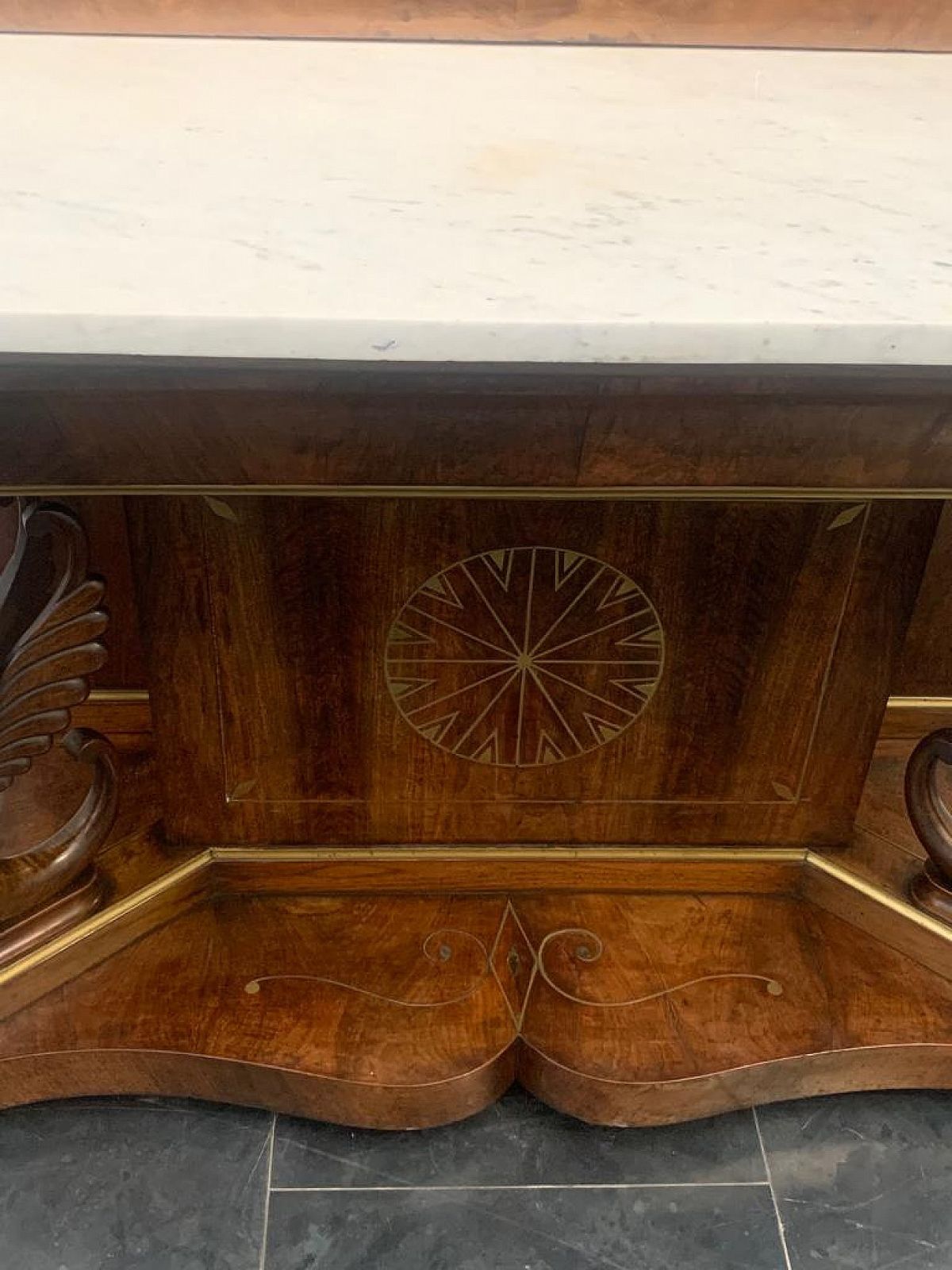photo buy Console With Mirror In Walnut With Brass Inlays And Details, 18th Century