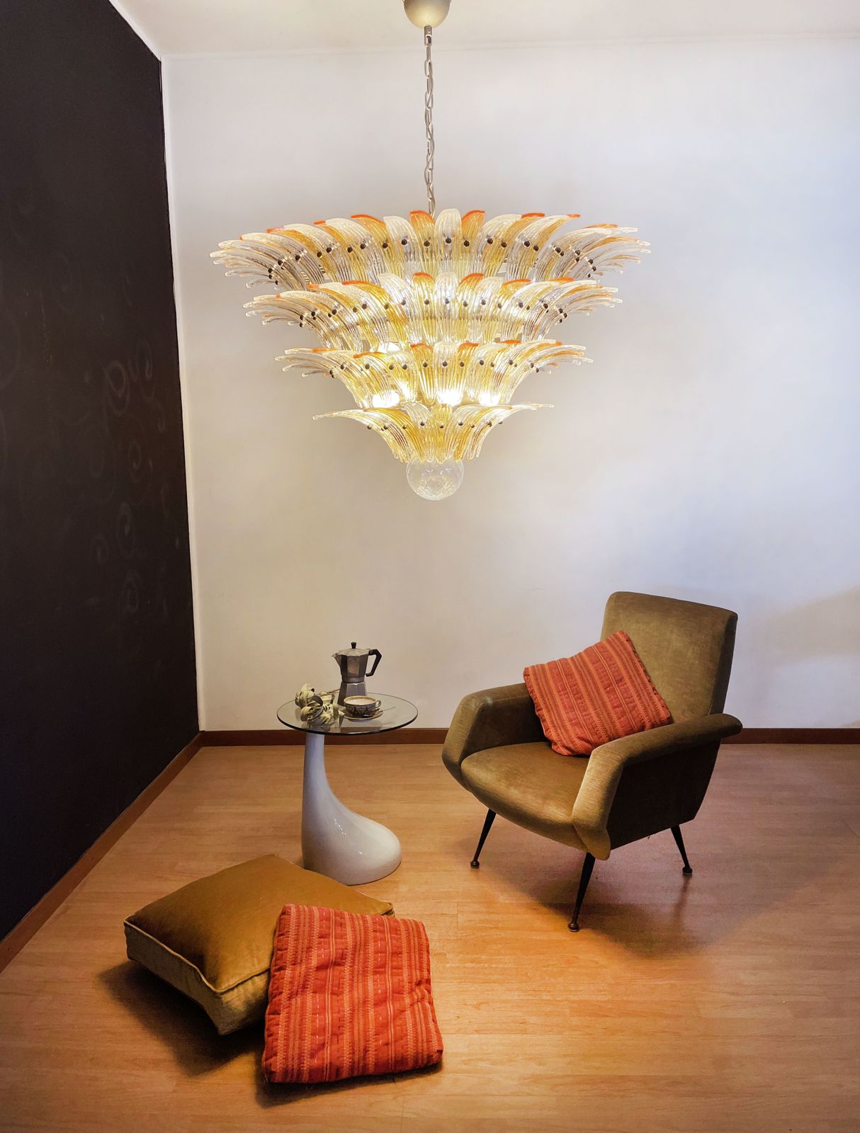 photo for sale Palmette Ceiling Light   Four Levels, 163 Amber And Trasparent Glasses