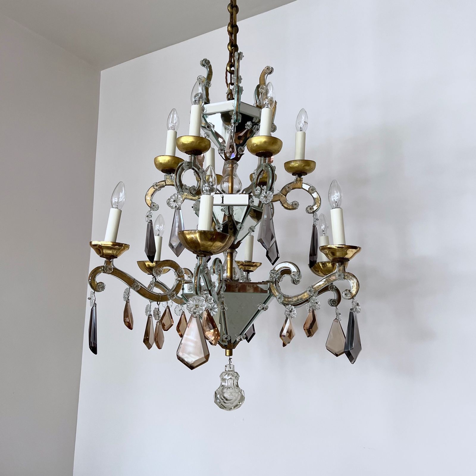 Large French Art Deco Mirrored Chandelier With Cut Crystal Drops photo Lighting