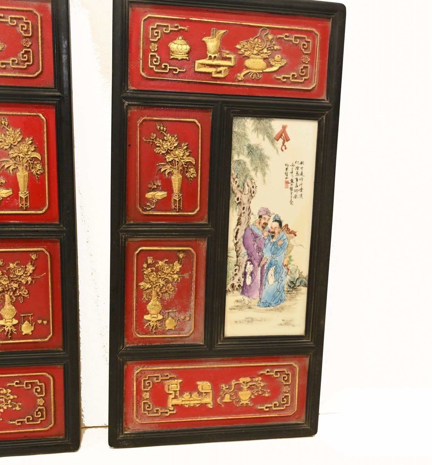 Pair Chinese Porcelain Plaques   Qianlong Hardwood Screen photo vinterior
