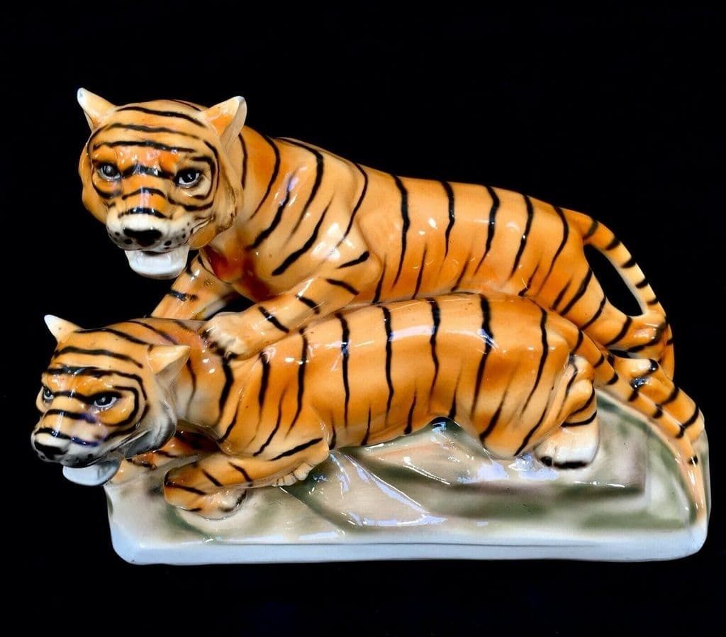 Antique German Sitzendorf Porcelain Tiger Figurine Statue Art Deco C1920 photo 125.0