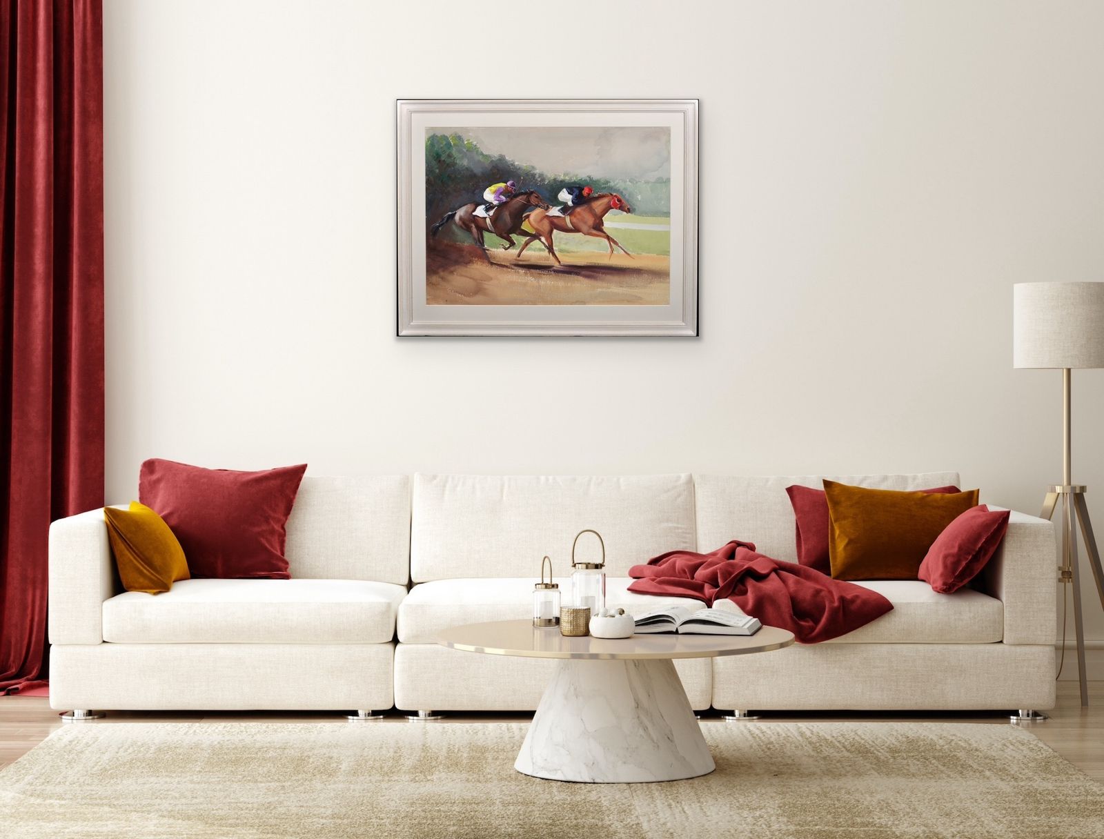 photo vinterior John Rattenbury Skeaping 1901 To 1990.  English. A Tight Finish, 1970. Framed Mid 20th Century Horse Racing Painting By An Acclaimed Equine Artist.