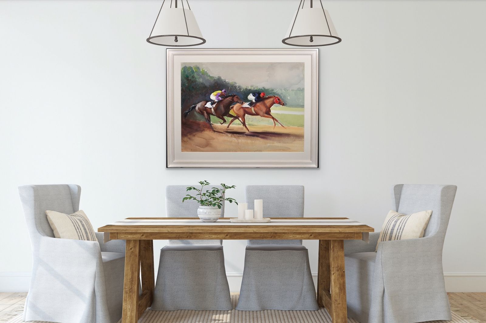 photo vintage John Rattenbury Skeaping 1901 To 1990.  English. A Tight Finish, 1970. Framed Mid 20th Century Horse Racing Painting By An Acclaimed Equine Artist.