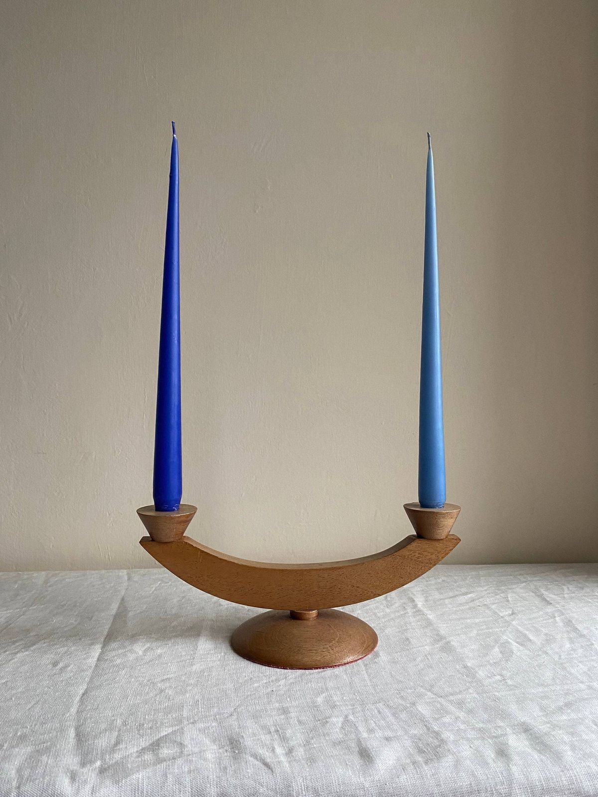 Modernist Candelabra Wooden, Mid Century Hand Crafted Original Candle Holder photo vintage