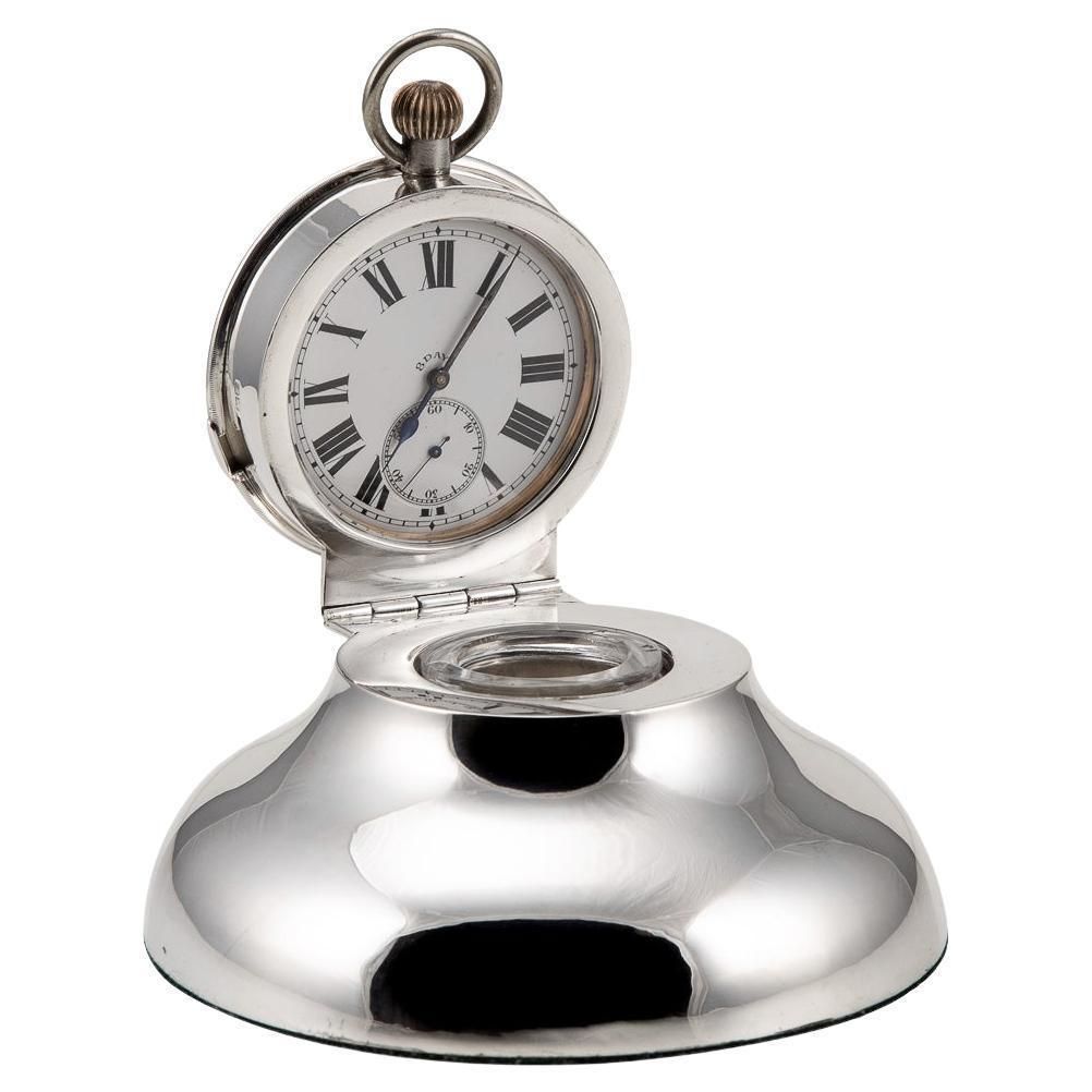 20th Century Edwardian Solid Silver & Glass Inkwell With Clock, Chester, C.1907