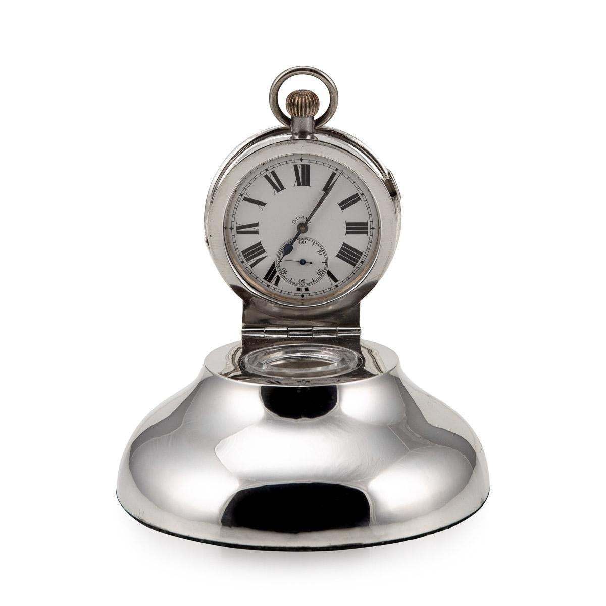 20th Century Edwardian Solid Silver & Glass Inkwell With Clock, Chester, C.1907 photo furniture