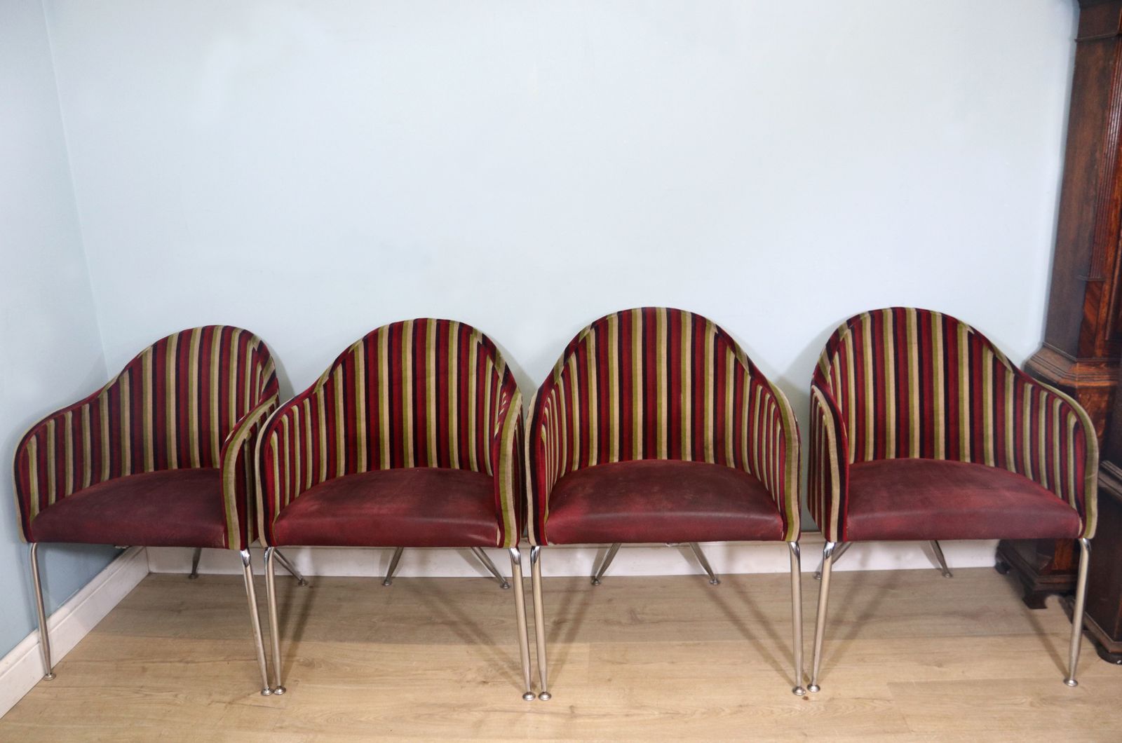 A Lovely Set Of 4 Vintage Striped Upholstery And Chrome Framed Bow Back Tub Chairs