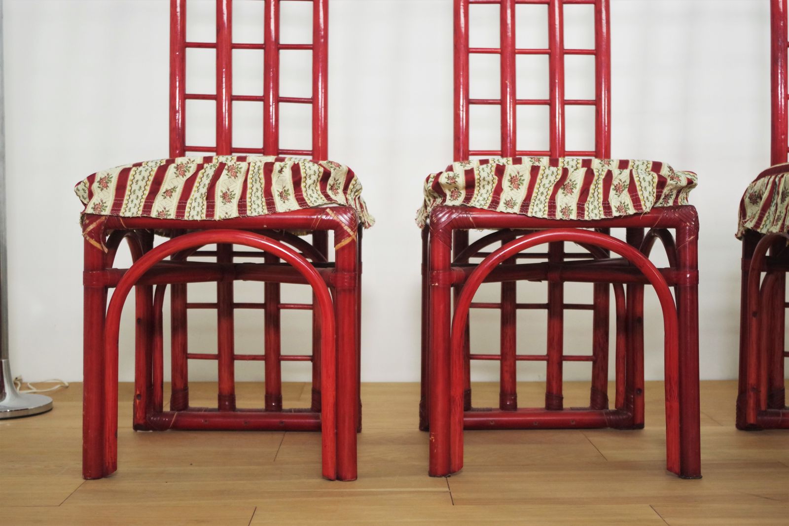 Red Bamboo Table And Chairs Set By Arturo Pozzoli, 80s