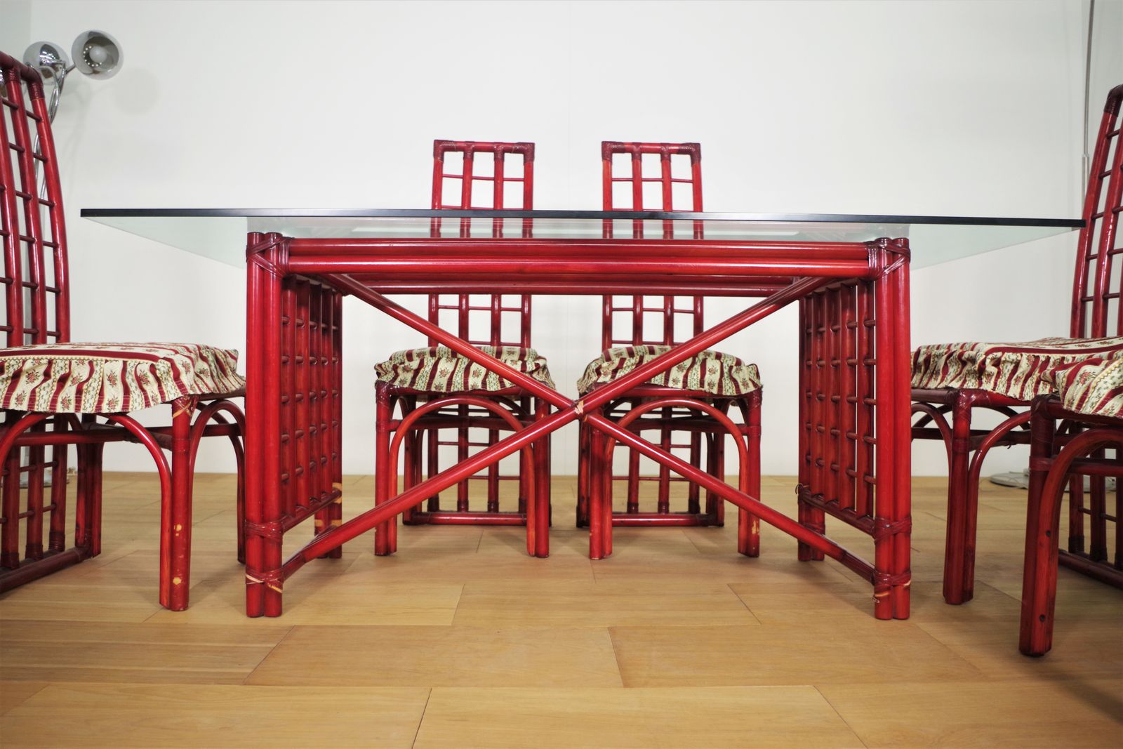 2390.0 Red Bamboo Table And Chairs Set By Arturo Pozzoli, 80s photo