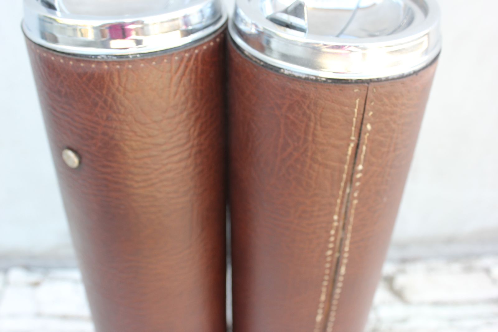 photo furniture Set Of Floor Ashtrays Brown Leather And Brass Mid Century Standing Portable Pair