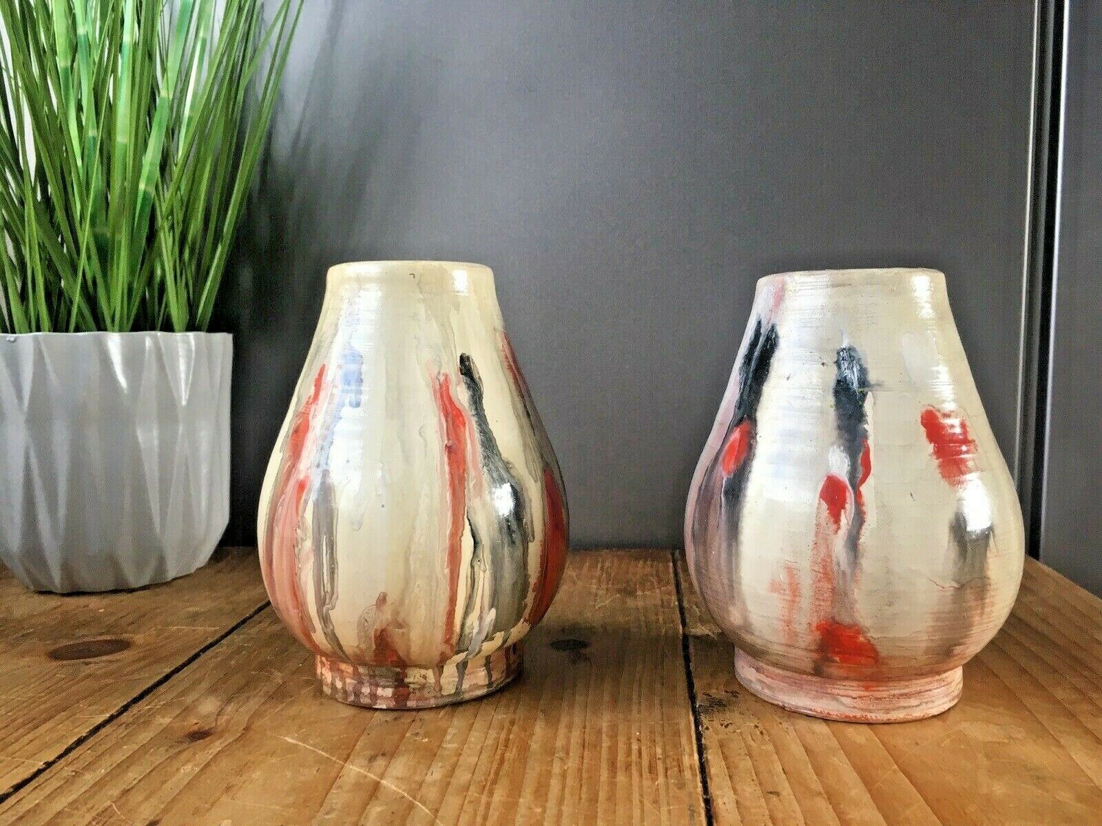 Pair Of Vintage European Drip Glaze Studio Art Pottery Mantel Vases 60's 70's photo for sale