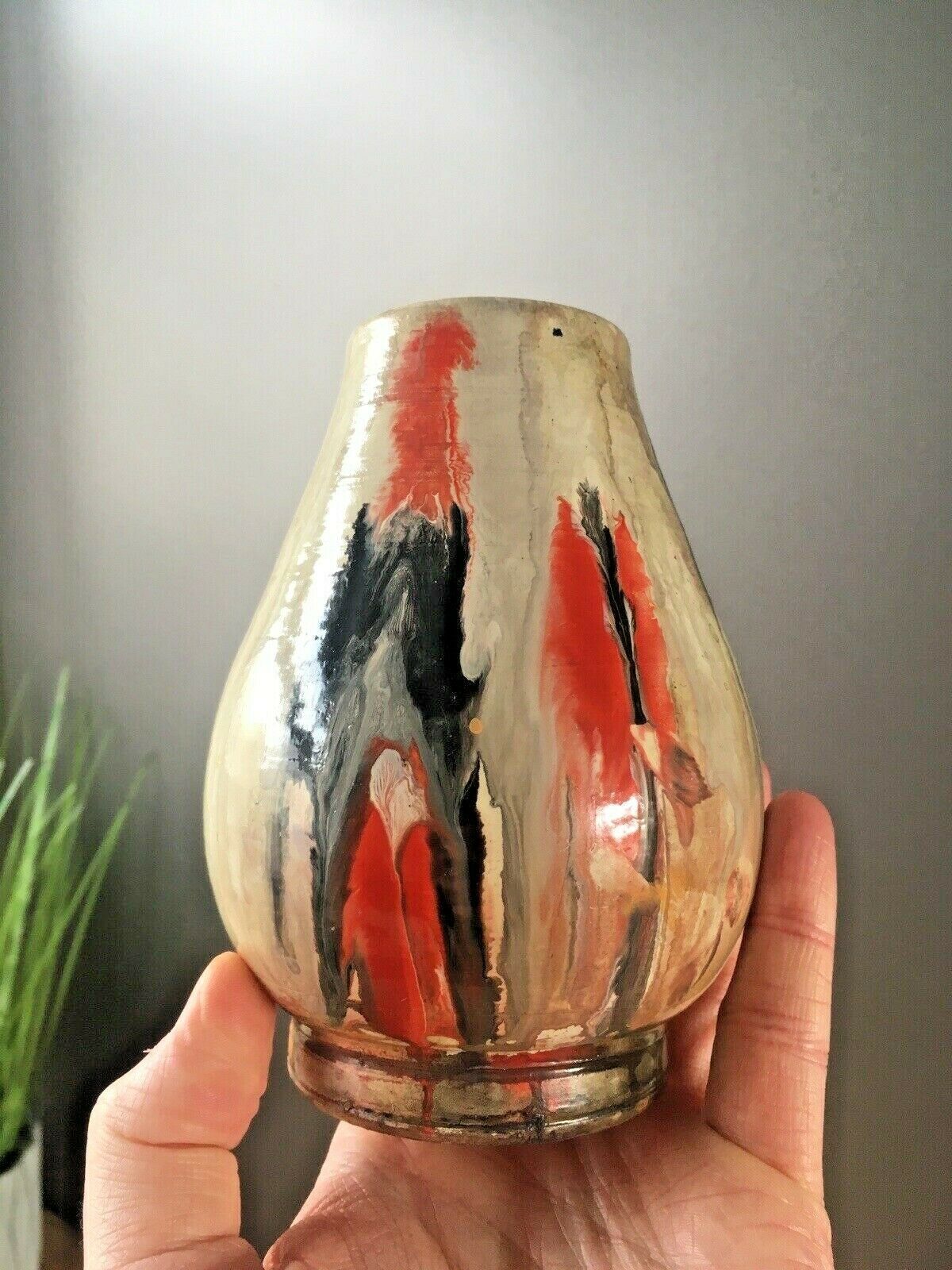 Pair Of Vintage European Drip Glaze Studio Art Pottery Mantel Vases 60's 70's photo vintage