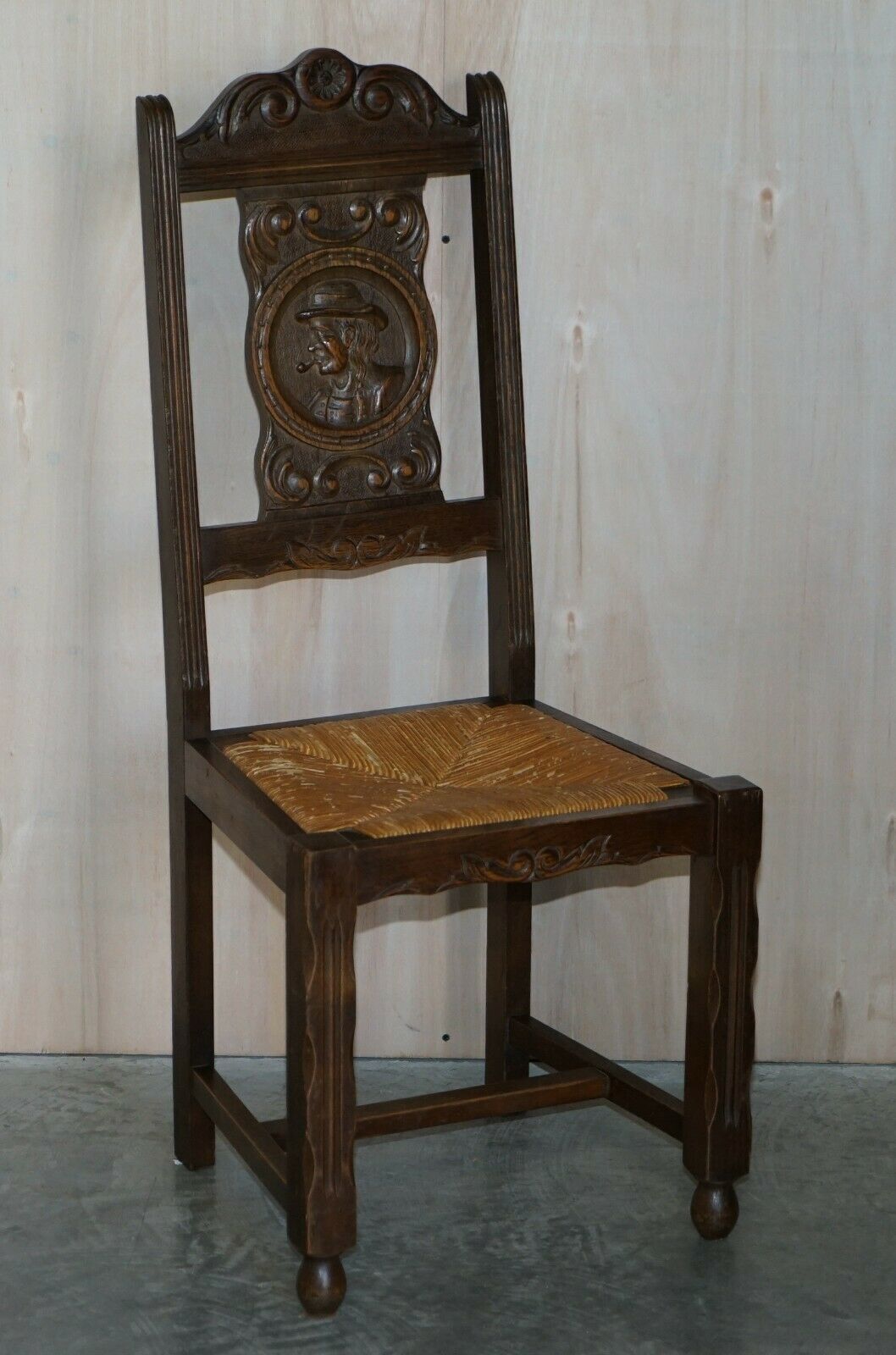 Stunning Pair Of Antique Circa 1920 Rush Seat Hand Carved Oak Brittany Chairs photo furniture