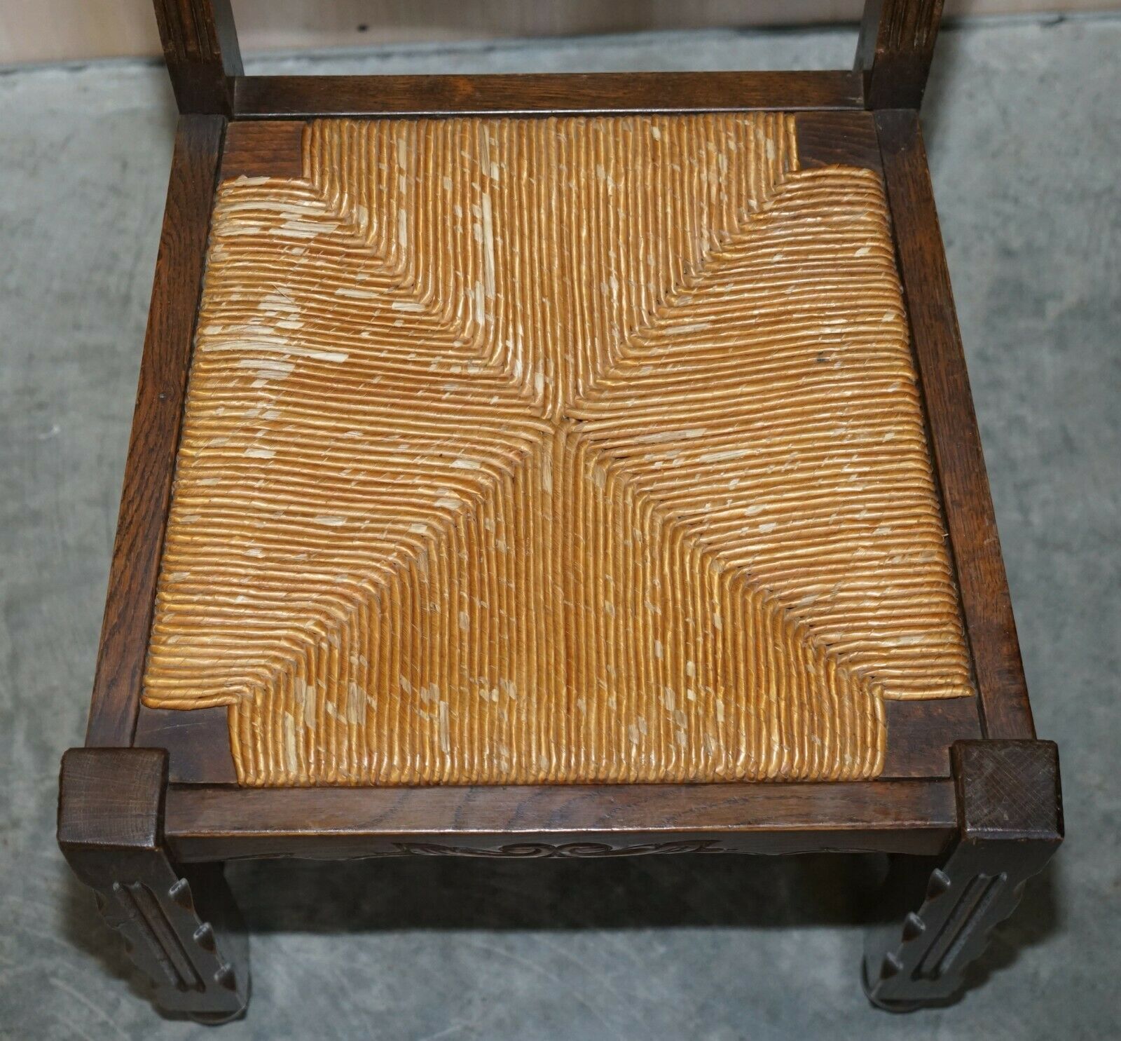 Stunning Pair Of Antique Circa 1920 Rush Seat Hand Carved Oak Brittany Chairs photo 950.0