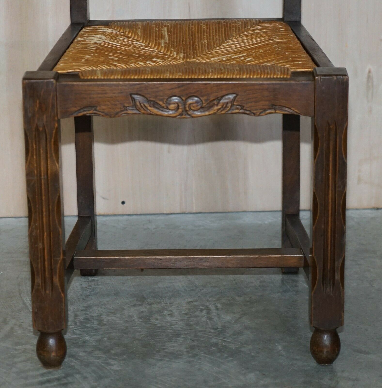 Stunning Pair Of Antique Circa 1920 Rush Seat Hand Carved Oak Brittany Chairs photo vinterior