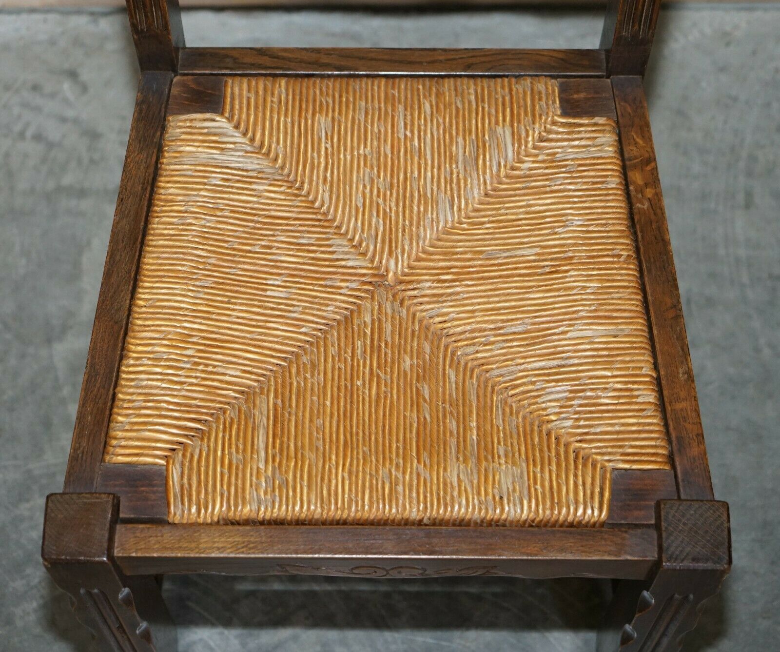 Furniture Stunning Pair Of Antique Circa 1920 Rush Seat Hand Carved Oak Brittany Chairs photo