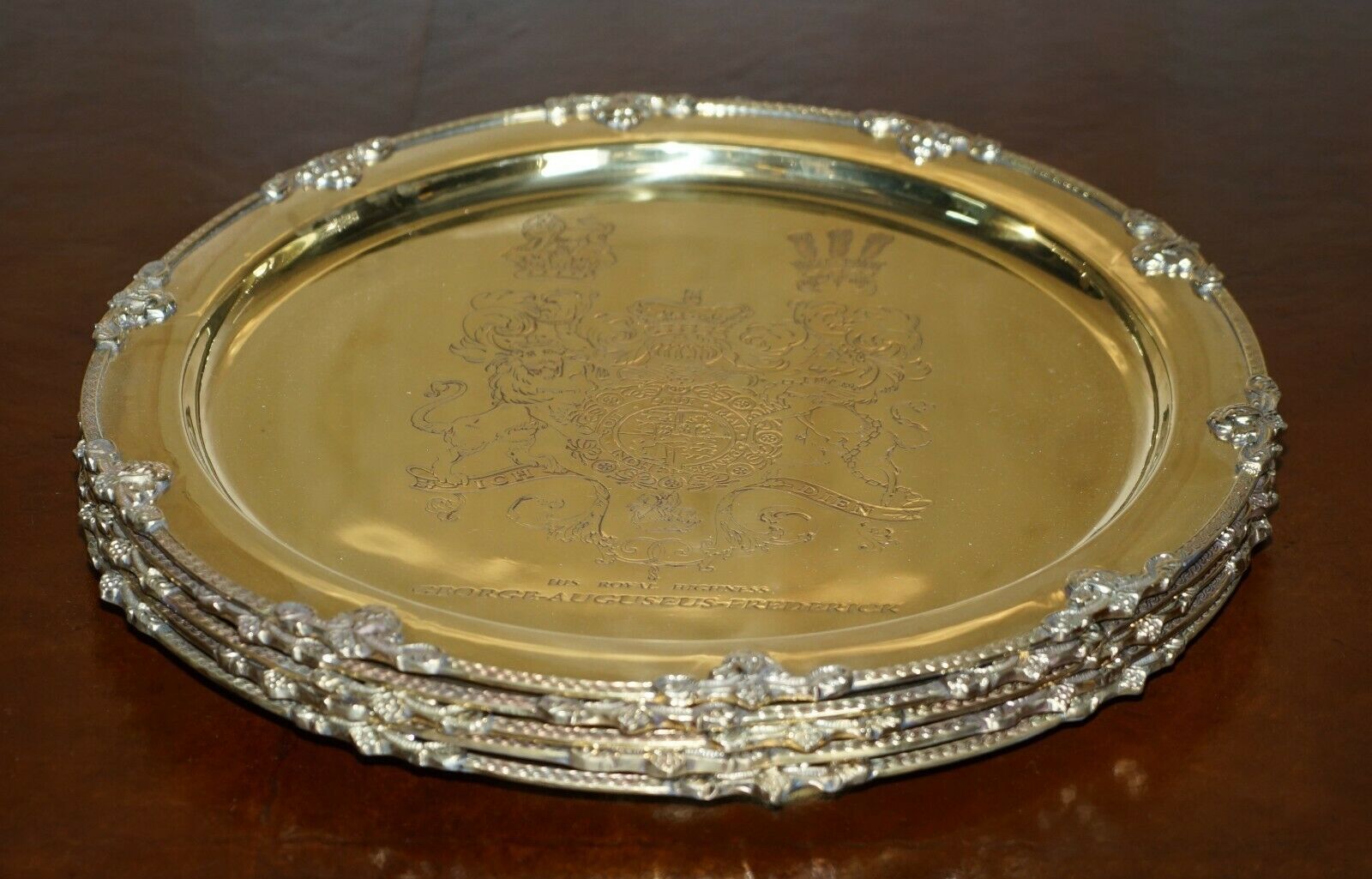 1 Of 4 King George Auguseue Frederick Arms Gilt Sterling Silver Plated Trays photo Home Decor