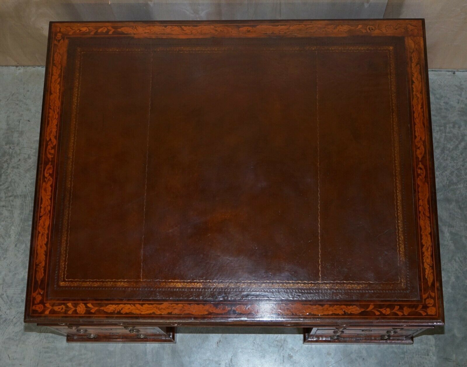 Antique Restored Dutch Marquetry Inlaid Double Sided Twin Pedestal Partners Desk photo vinterior