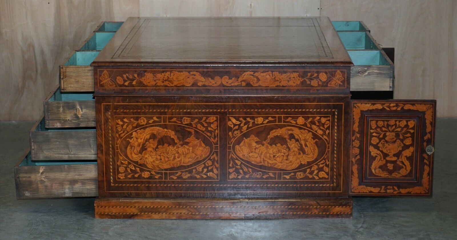Furniture Antique Restored Dutch Marquetry Inlaid Double Sided Twin Pedestal Partners Desk photo