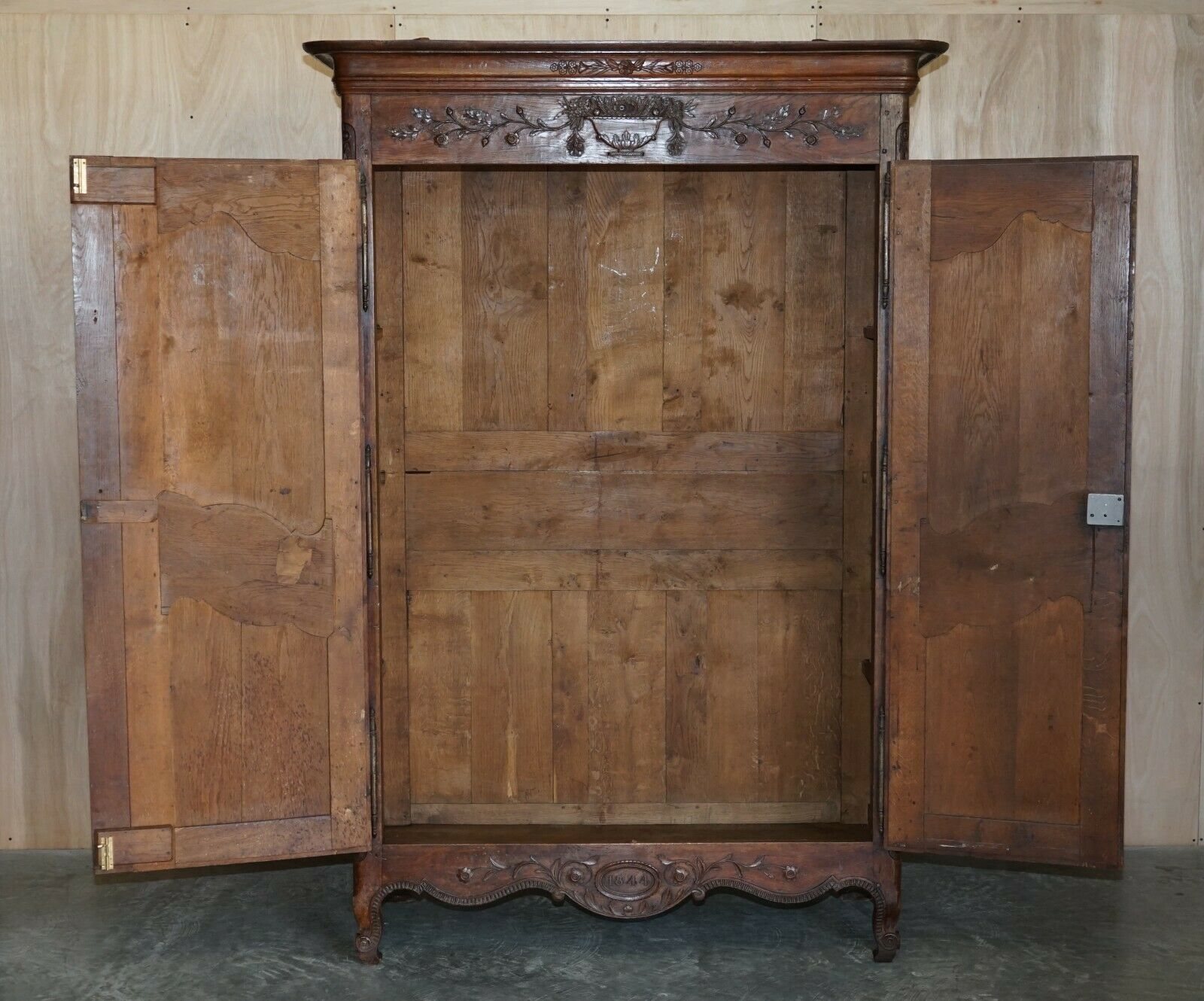 photo buy Antique 1844 Carved & Dated Large Wardrobe Armoire With Expertly Crafted Panels