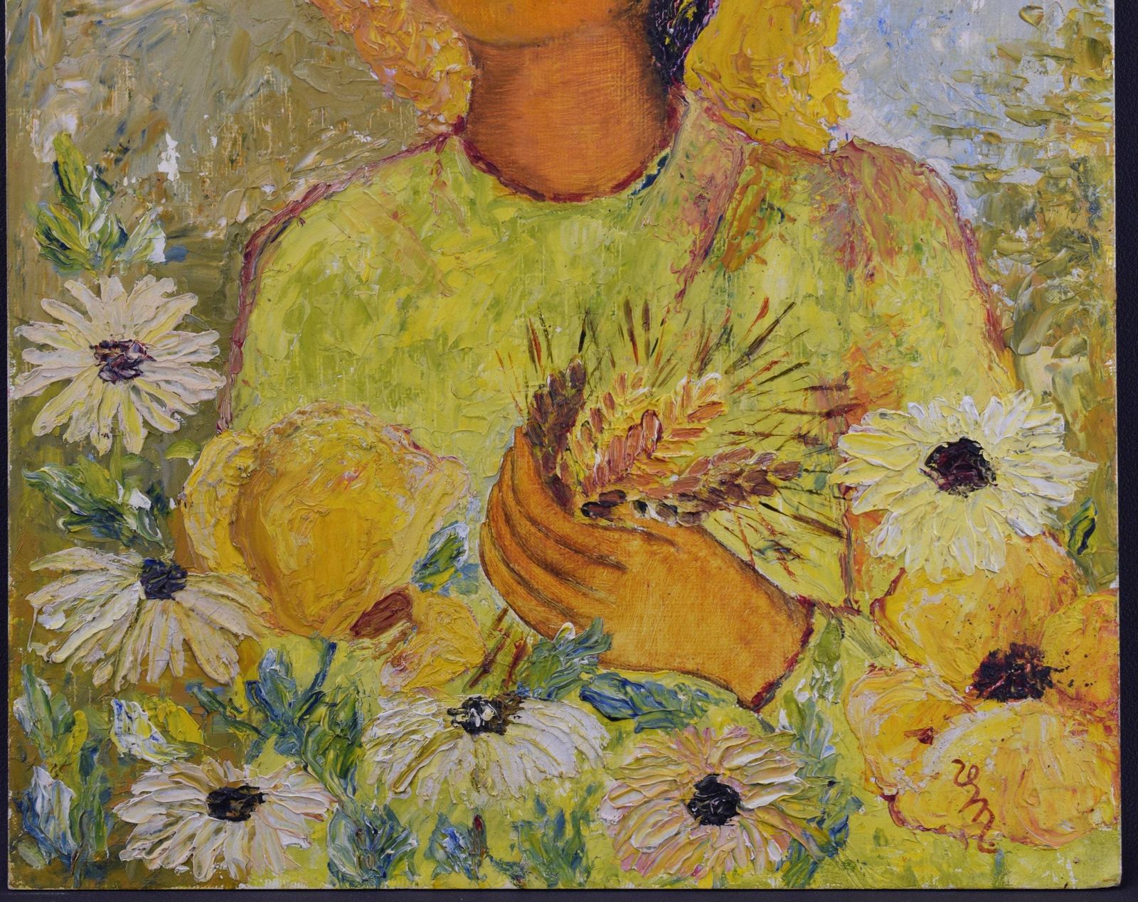 Yellow Oil Painting Woman Portrait Flowers photo for sale