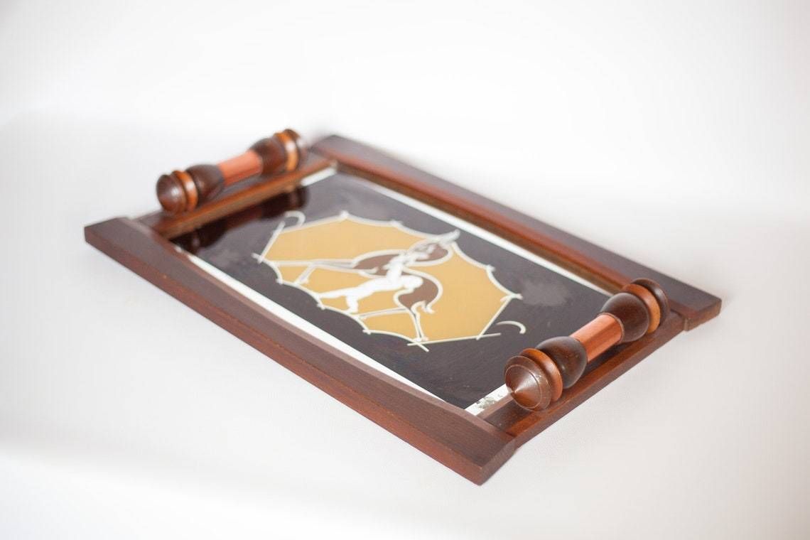 Art Deco Wood Tray, Art Deco Tray, Service Tray, Doe Pattern Mirror, Decorative Tray, Servant, Kitchen, Decoration, Wooden Tray