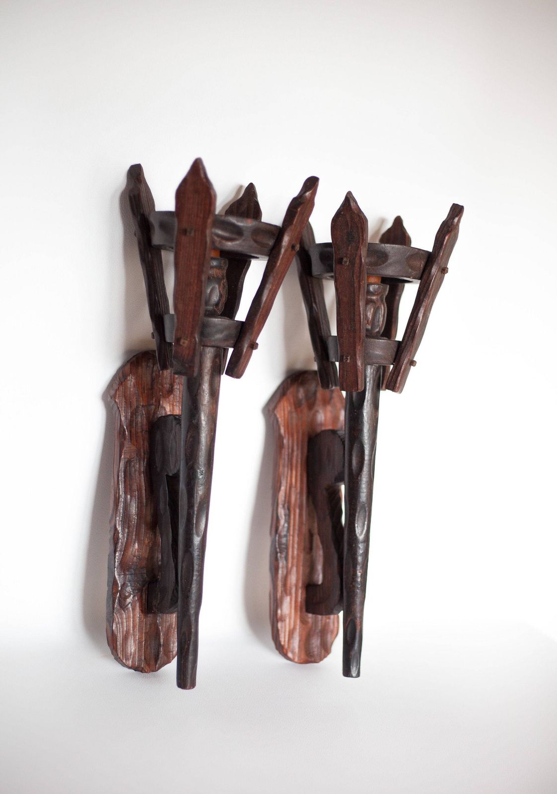 Pair Of Brutalist Wood Wall Candle Holders, Interior Design, Chalet, Countryside photo buy