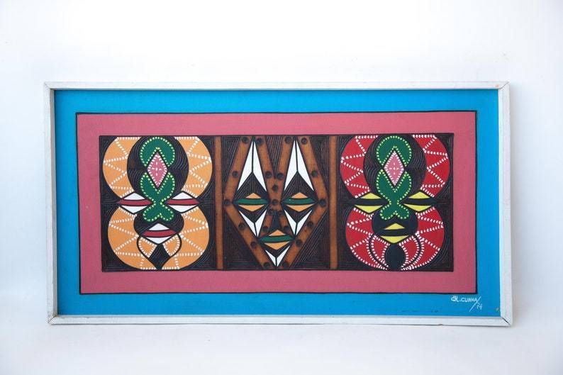 Vintage Painting  Wood Panel Signed  African Mask Pyrogravure Geometrical Modernist Ethnic 70's
