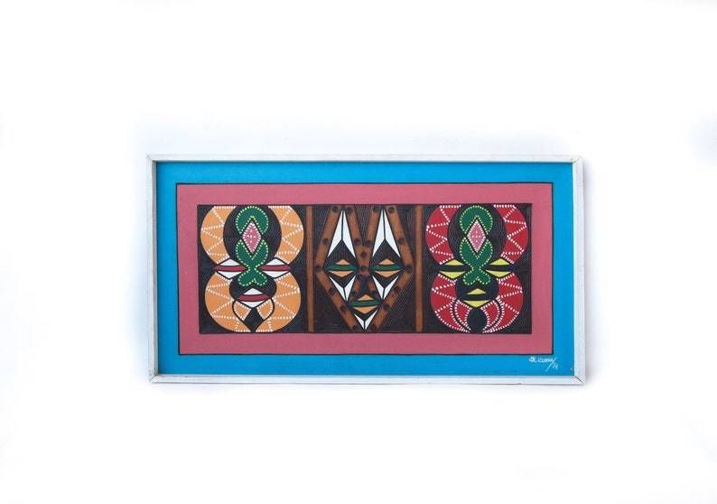 Vintage Painting  Wood Panel Signed  African Mask Pyrogravure Geometrical Modernist Ethnic 70's photo vinterior