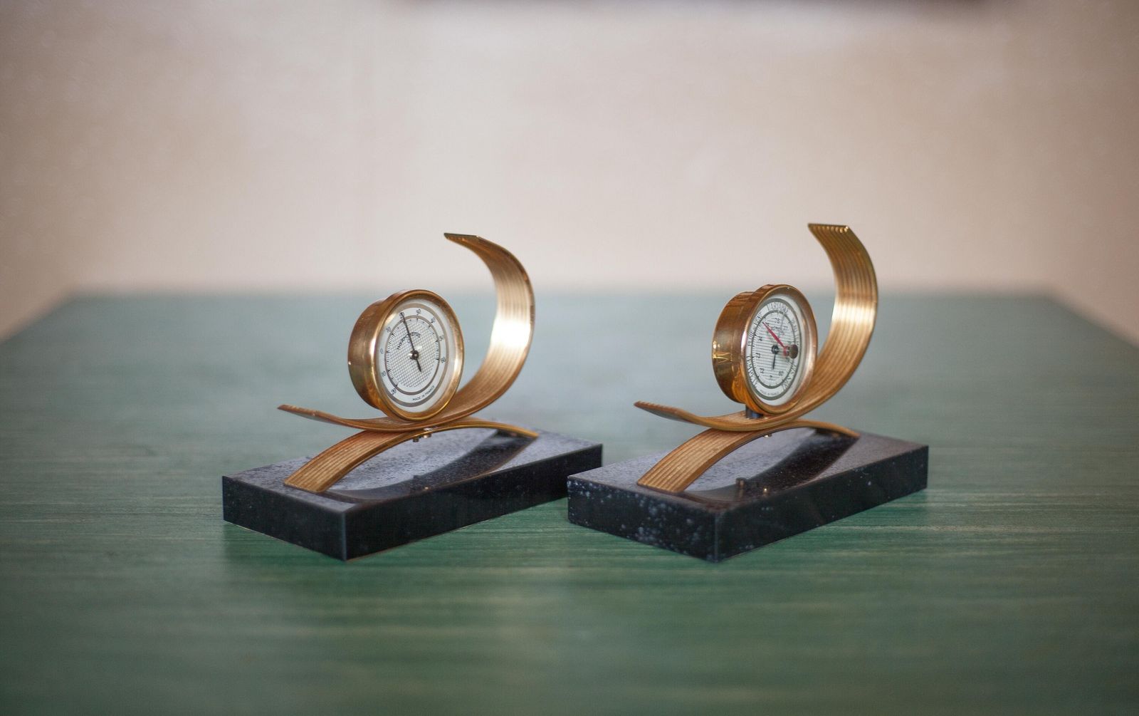 Pair Of Gold Starry Bookends, Thermometer And Barometer, Clipboard, Modernist, Library, Office, Paperweight, Bookends