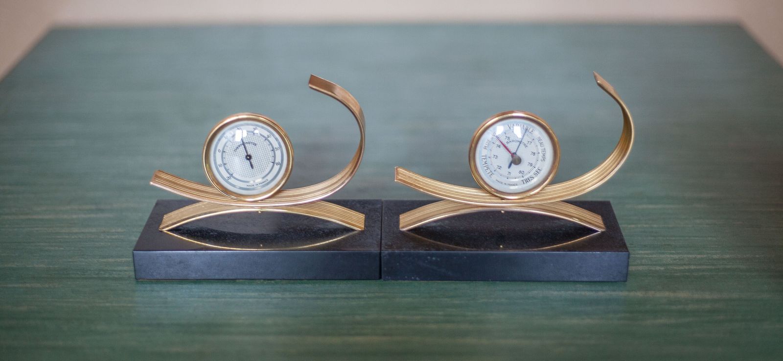 Pair Of Gold Starry Bookends, Thermometer And Barometer, Clipboard, Modernist, Library, Office, Paperweight, Bookends photo for sale
