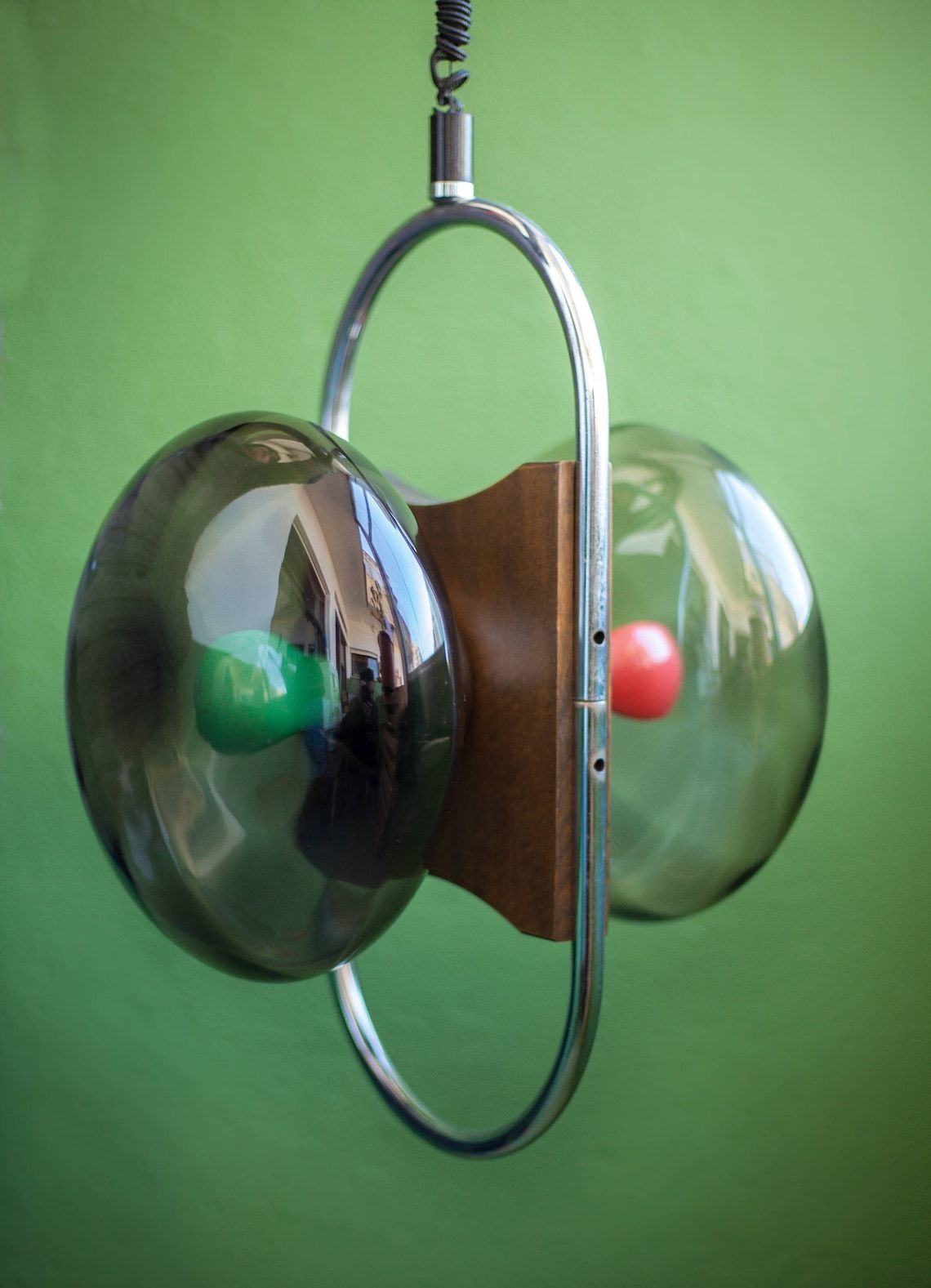 Vintage Scandinavian Pendant Lamp Chrome Metal Chandelier 2 Globe Smoked Glass Lighting, Space Age Tomic Design Scandinavian, Modernist Ceiling Lamp photo for sale