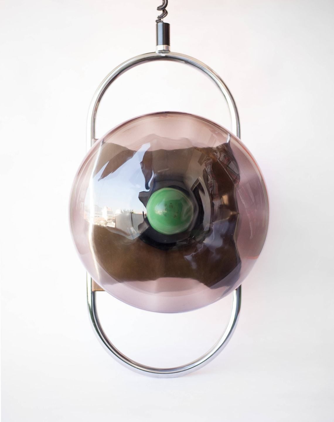 Vintage Scandinavian Pendant Lamp Chrome Metal Chandelier 2 Globe Smoked Glass Lighting, Space Age Tomic Design Scandinavian, Modernist Ceiling Lamp photo vinterior