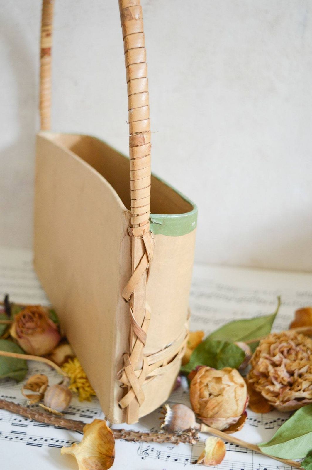 Antique French Shabby Chic Paper Mache Basket With Handle, Beautiful Hand Crafted Storage Letter Organizer With Wooden Roses And Leaves photo vinterior