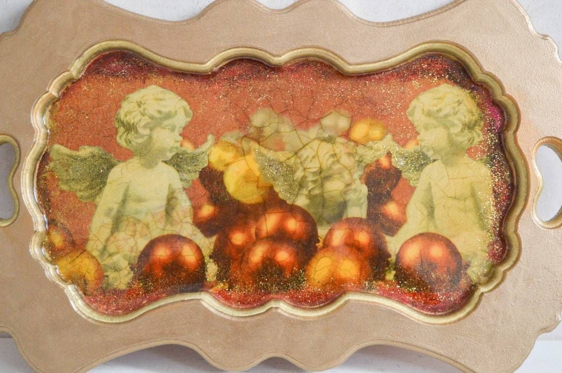 Vintage Wooden Tray With Resin Cherub Inlay Decorative Christmas Glitter Serving Tray photo Home Decor