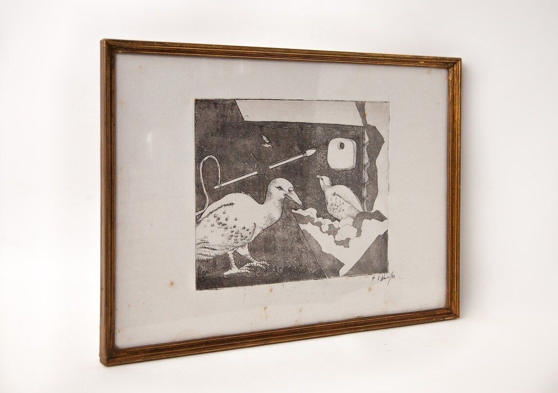 Vintage Painting Ink Drawing From China Signed Work  Cubism  Surrealism  Black And White  Wall Decoration  Birds  80s photo 138.0