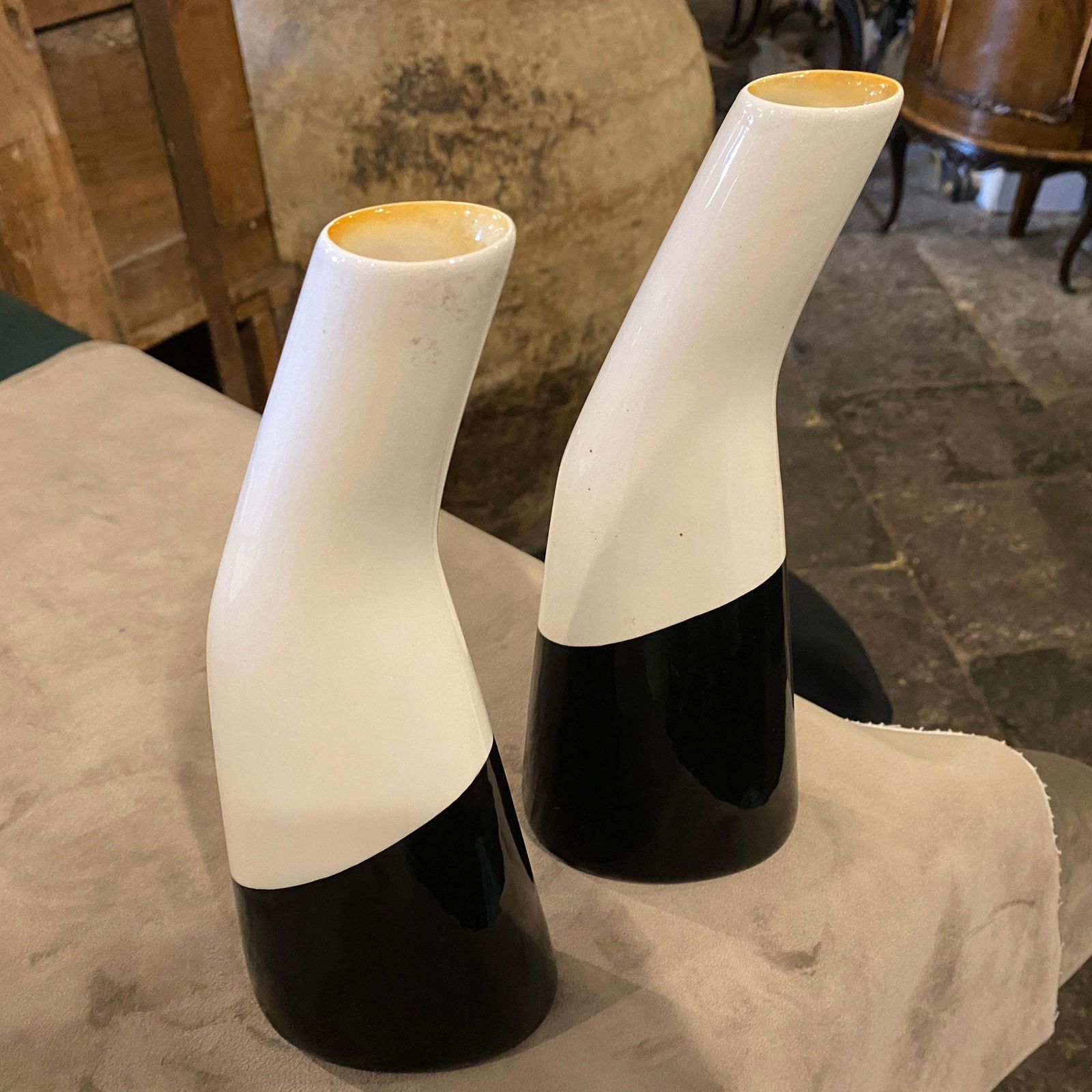 1960s Set Of Two Black And White Italian Ceramic Vases By La Donatella photo Home Decor