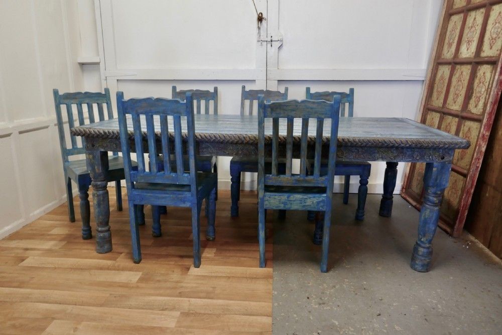 Large Carved Folk Art Painted Table And 6 Chairs photo furniture