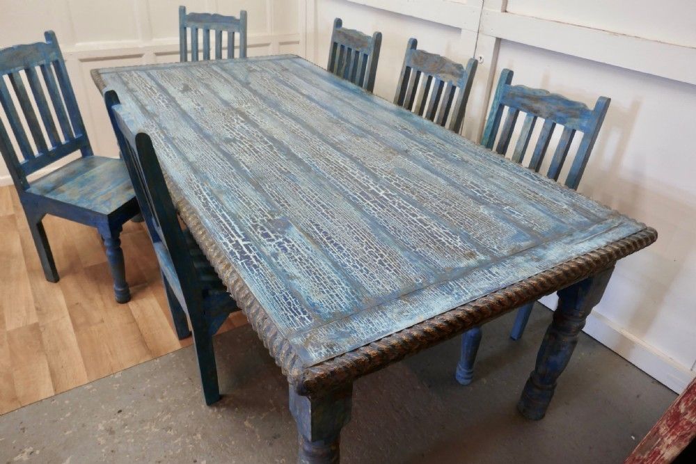 Large Carved Folk Art Painted Table And 6 Chairs photo Furniture