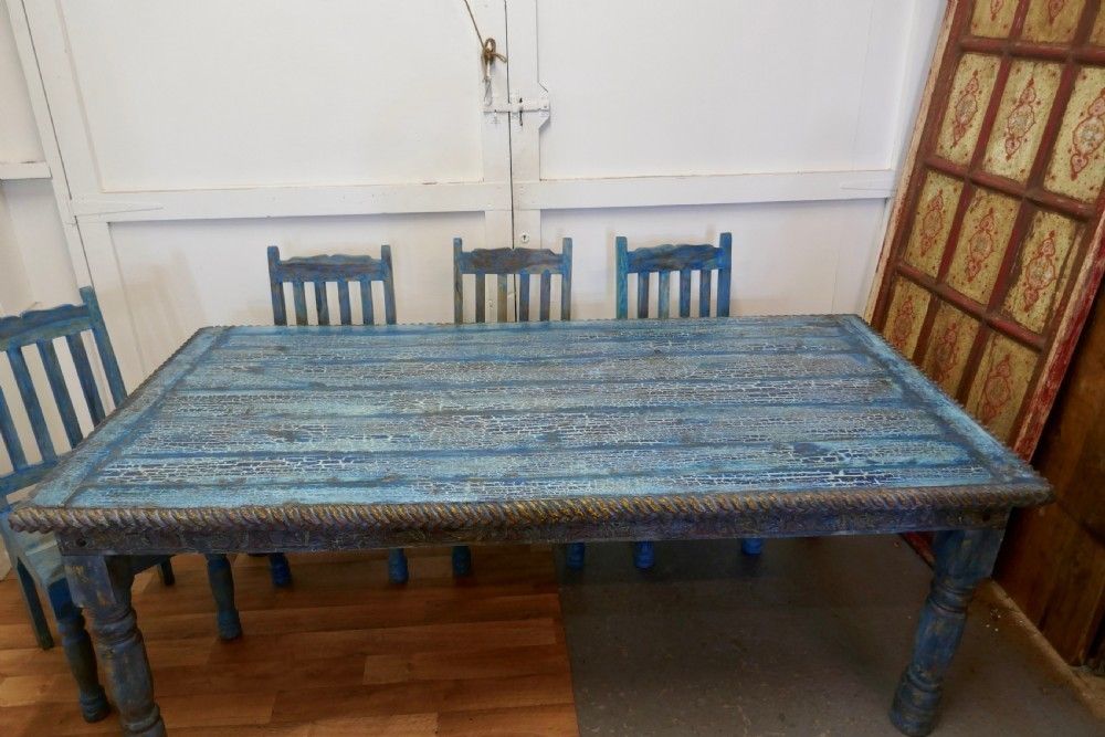 Large Carved Folk Art Painted Table And 6 Chairs photo vintage