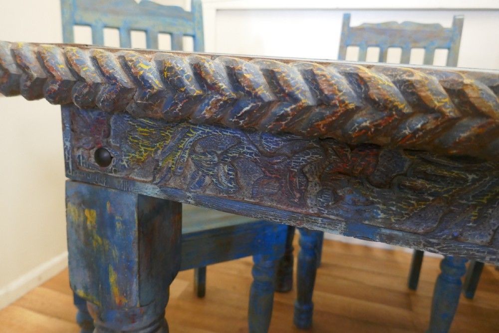 Furniture Large Carved Folk Art Painted Table And 6 Chairs photo
