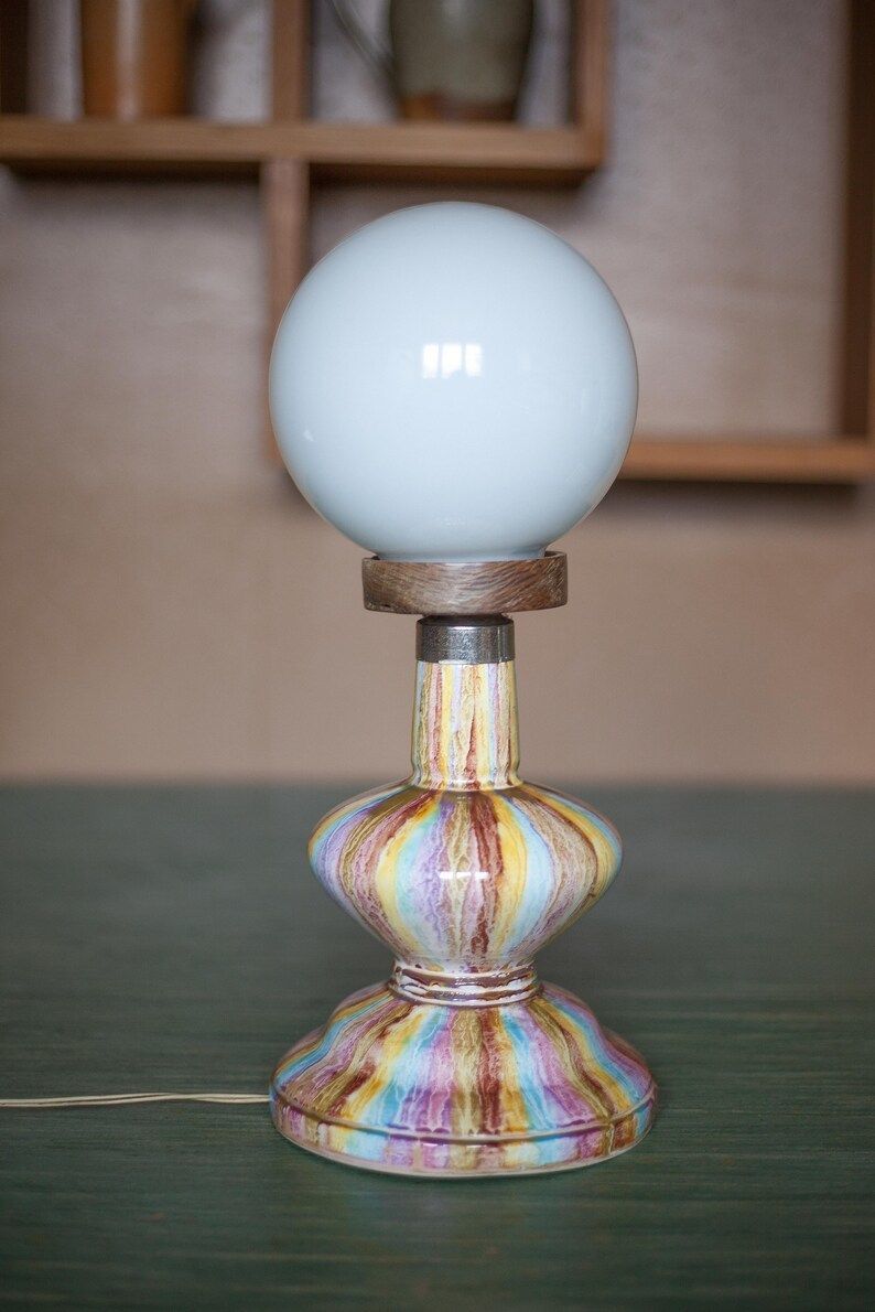 Vintage Lamp To Lay Bedside Table Portuguese Ceramic Wooden Globe Base Opaline Glass Lampshade photo furniture